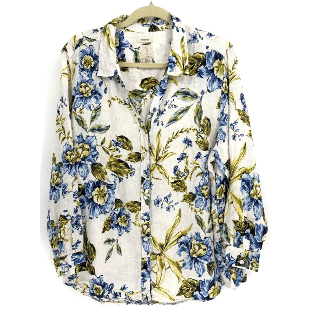 Joie Blouse Top 100% Linen Shirt 2XL Floral Button Up Roll Tab Sleeves Coastal